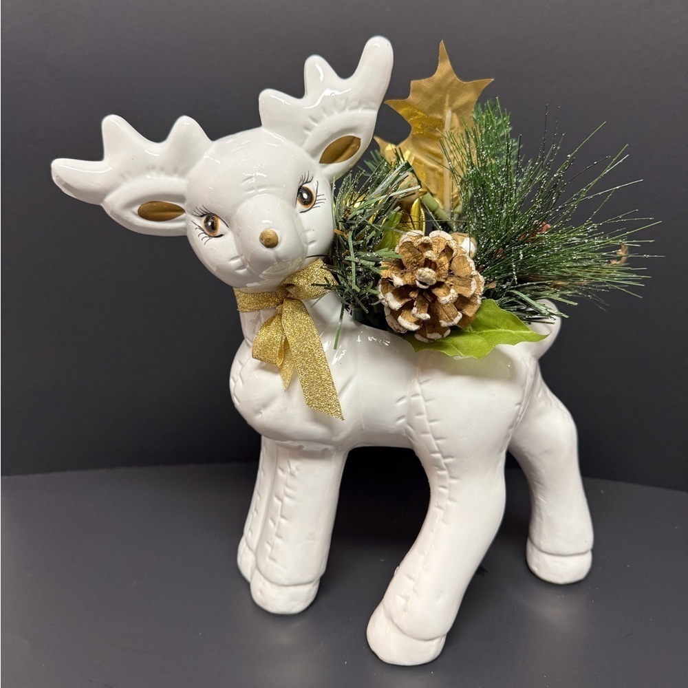 1990’s White Ceramic Reindeer Planter with Gold Bow & Greenery EUC